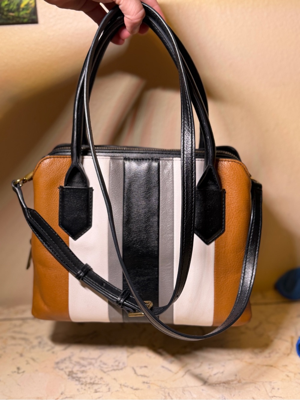 Vintage Fossil Striped Leather Satchel - Picture 10 of 15